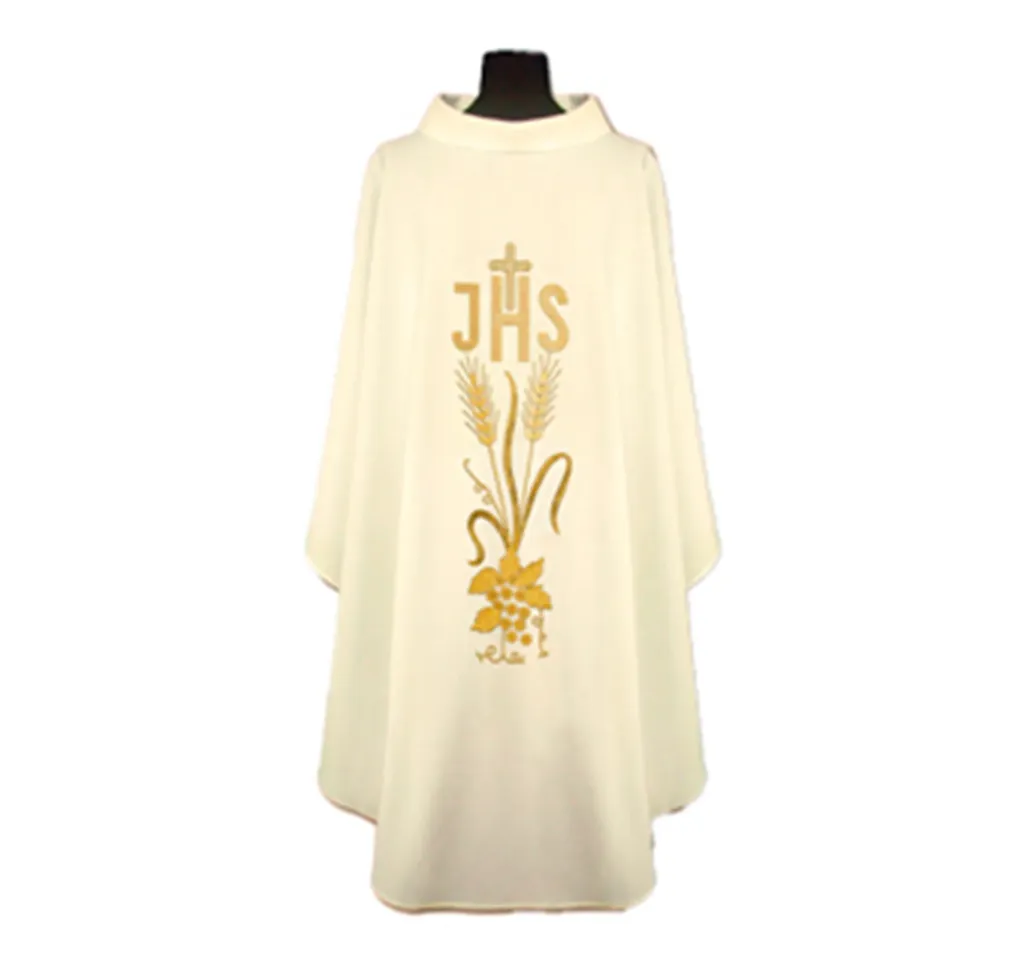 [1328] Casulla blanca de lino JHS espigas