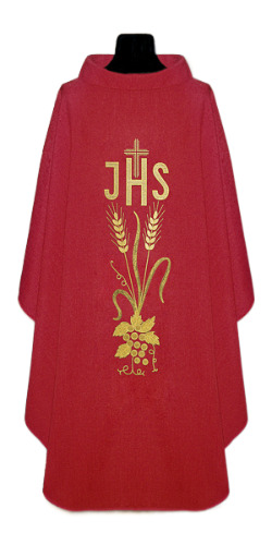 [1330] Casulla roja de lino JHS espigas