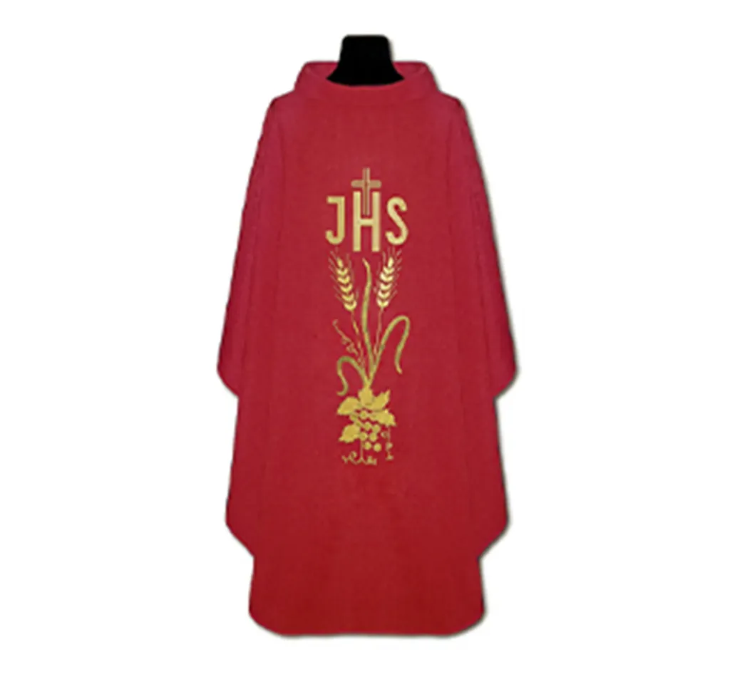[1330] Casulla roja de lino JHS espigas