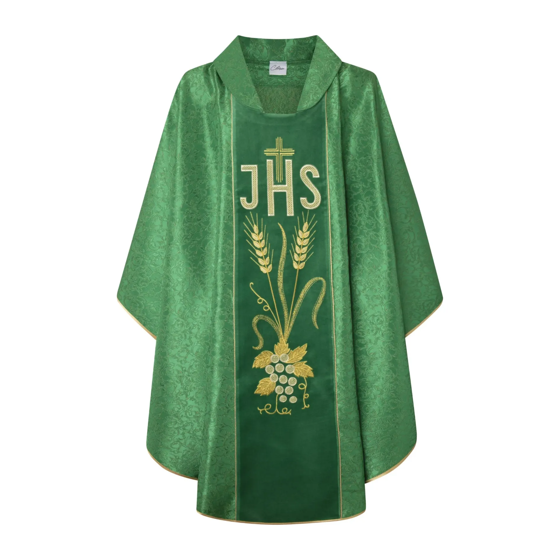 Casulla verde damasco JHS cruz