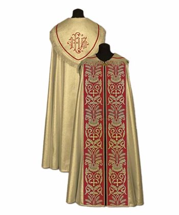 Capa pluvial roja y dorada JHS espigas y cruz