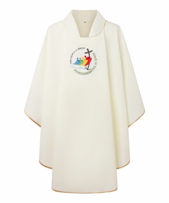 Casulla bordada color blanco con logotipo oficial de Jubileo 2025