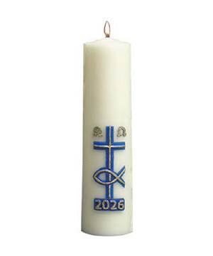 Vela de altar con Relieve de Cruz y Pez en Azul y Oro