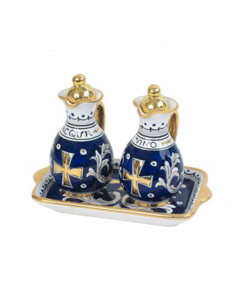 Vinajeras de Cerámica Azul con Cruz Dorada